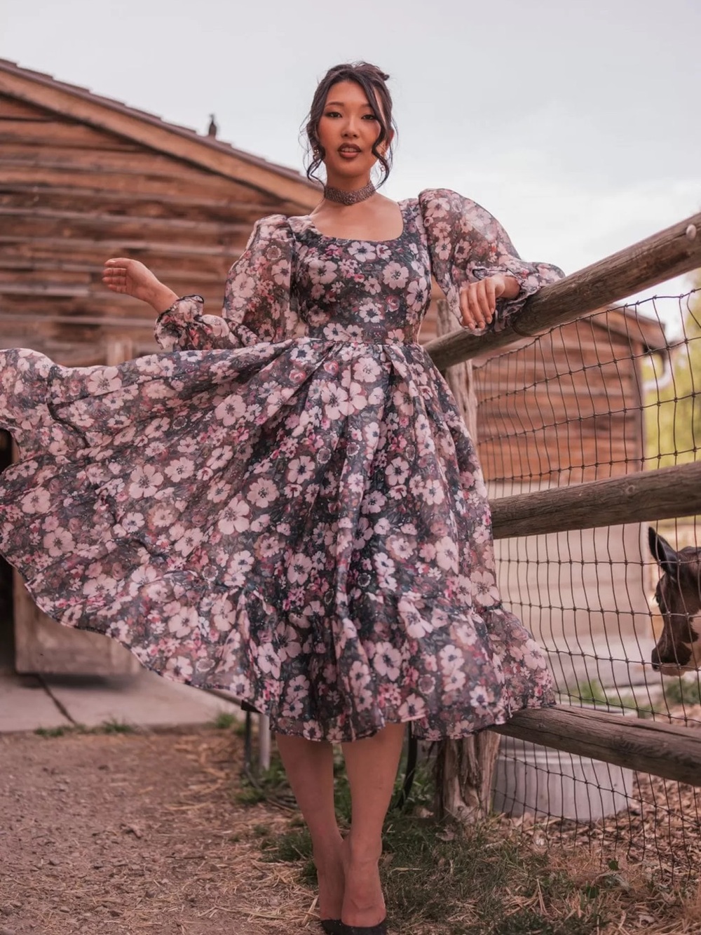 JessaKae Black and Gray Floral Puff-Sleeve Girls' Dress